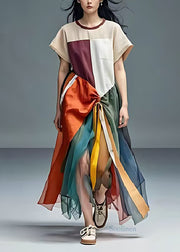 Unique Colorblock Asymmetrical Patchwork Tulle Cotton Dresses Summer