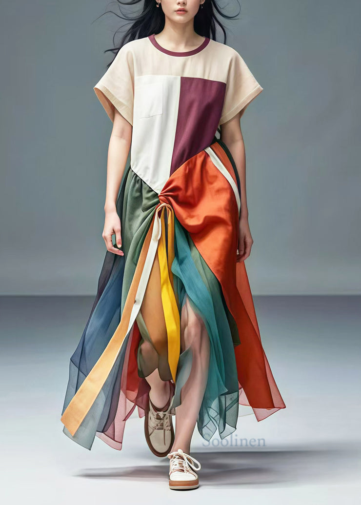 Unique Colorblock Asymmetrical Patchwork Tulle Cotton Dresses Summer