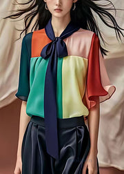 Unique Colorblock Bow Patchwork Chiffon Shirt Half Sleeve