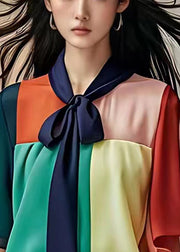 Unique Colorblock Bow Patchwork Chiffon Shirt Half Sleeve