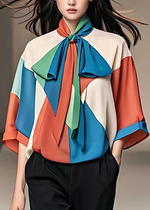 Unique Colorblock Bow Patchwork Chiffon Top Fall