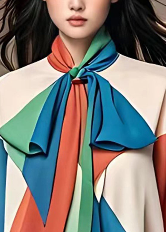 Unique Colorblock Bow Patchwork Chiffon Top Fall