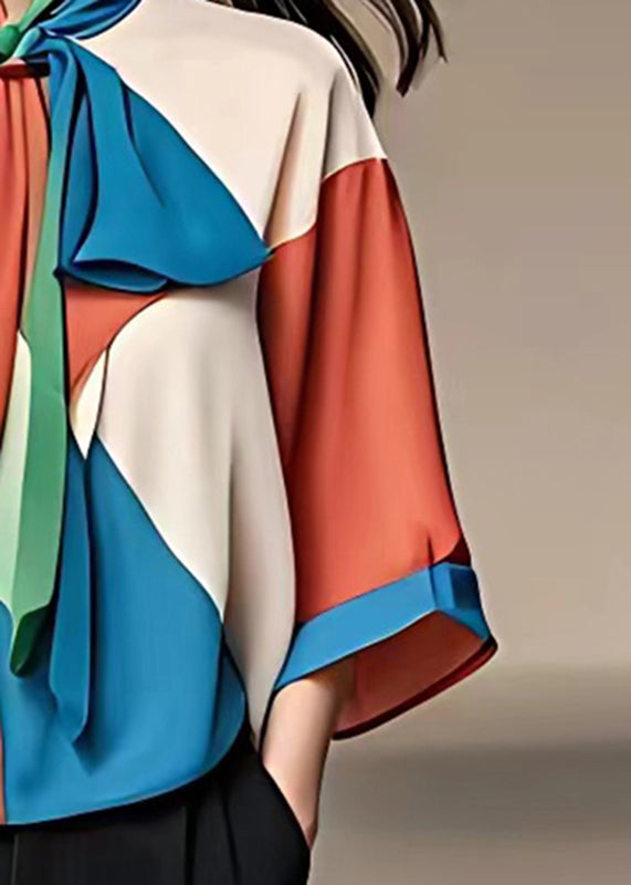 Unique Colorblock Bow Patchwork Chiffon Top Fall