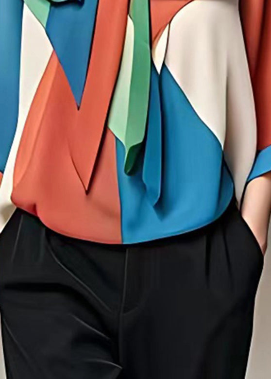 Unique Colorblock Bow Patchwork Chiffon Top Fall