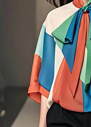 Unique Colorblock Bow Patchwork Chiffon Top Fall