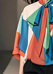 Unique Colorblock Bow Patchwork Chiffon Top Fall