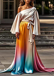 Unique Colorblock Cold Shoulder Tie Waist Silk Maxi Dresses Fall