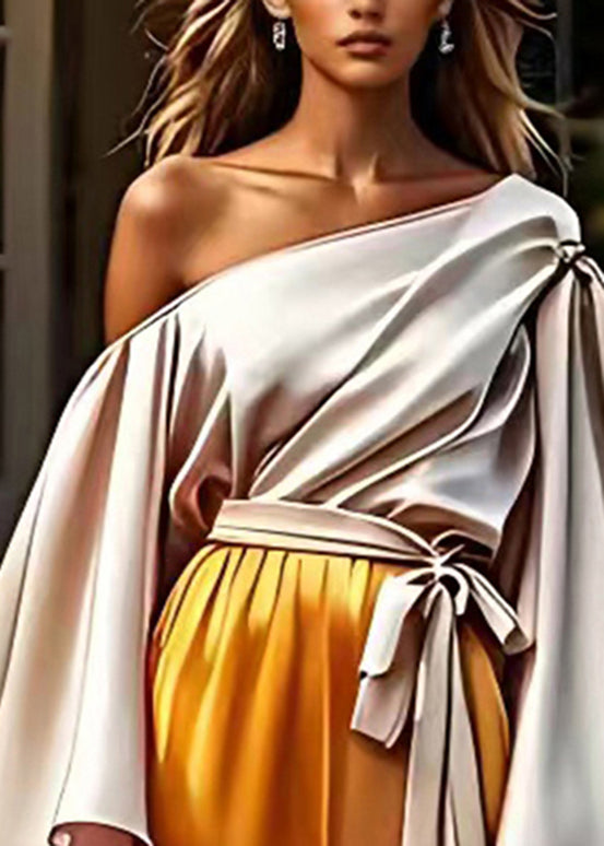 Unique Colorblock Cold Shoulder Tie Waist Silk Maxi Dresses Fall