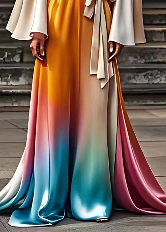 Unique Colorblock Cold Shoulder Tie Waist Silk Maxi Dresses Fall
