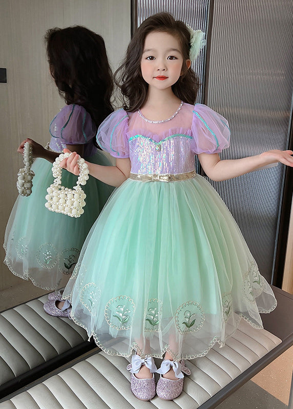 Unique Colorblock Embroideried Patchwork Tulle Kids Girls Long Dresses Summer