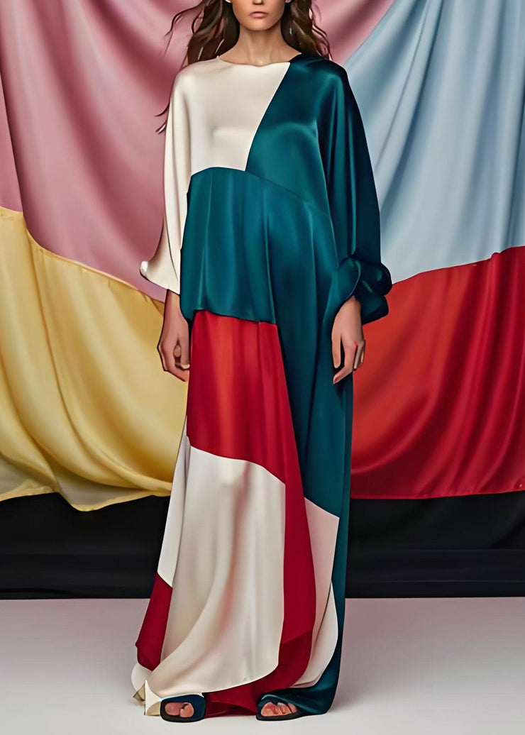 Unique Colorblock O Neck Patchwork Silk Party Maxi Dress Long Sleeve