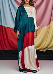 Unique Colorblock O Neck Patchwork Silk Party Maxi Dress Long Sleeve