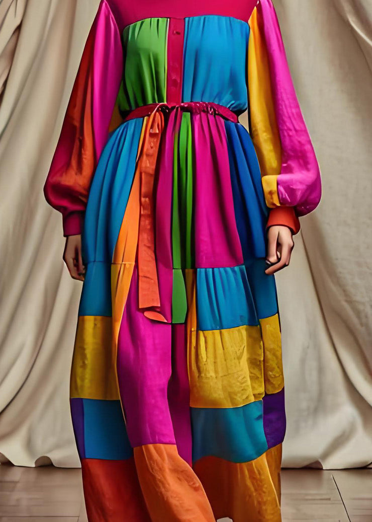 Unique Colorblock O Neck Tie Waist Patchwork Cotton Dress Long Sleeve