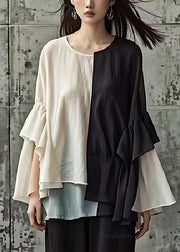 Unique Colorblock Oversized Patchwork Ruffles Cotton Top Spring