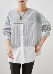 Unique Colorblock Oversized Patchwork Striped Cotton Top Fall