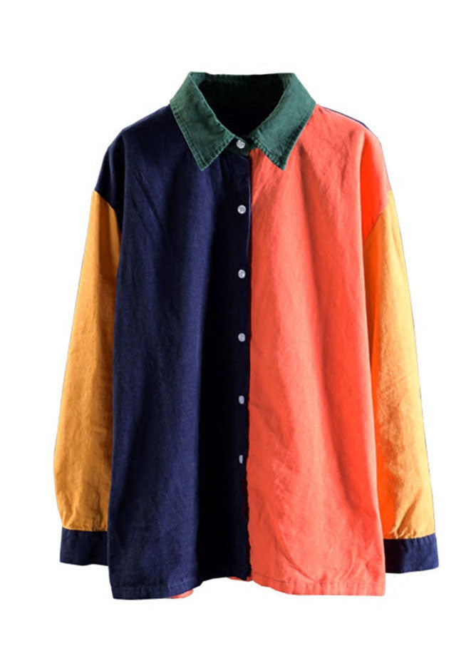 Unique Colorblock Peter Pan Collar Patchwork Corduroy Blouse Top Long Sleeve