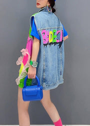 Unique Colorblock Peter Pan Collar Sequins Patchwork Denim Top Sleeveless