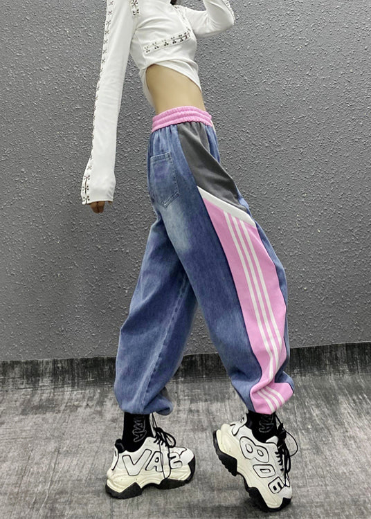 Unique Colorblock Pockets Striped Elastic Waist Denim Beam Pants Fall