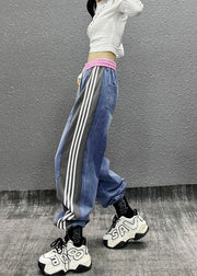 Unique Colorblock Pockets Striped Elastic Waist Denim Beam Pants Fall