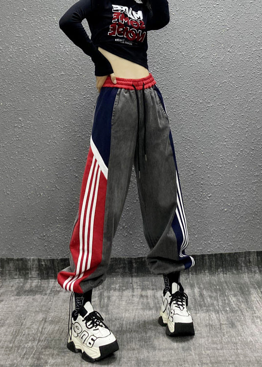 Unique Colorblock Pockets Striped Patchwork Denim Trousers Fall