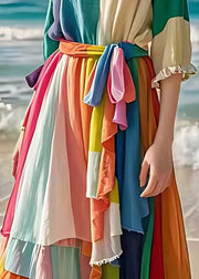 Unique Colorblock Ruffled Tie Waist Cotton Long Dresses Half Sleeve