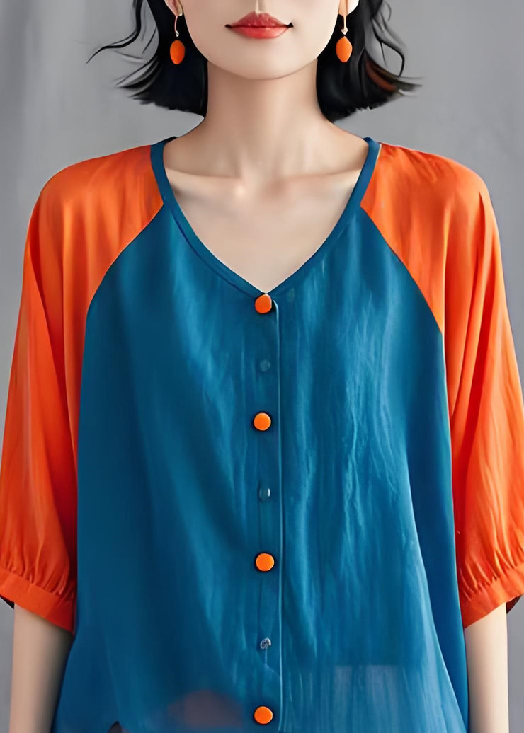 Unique Colorblock V Neck Button Patchwork Cotton Blouses Summer