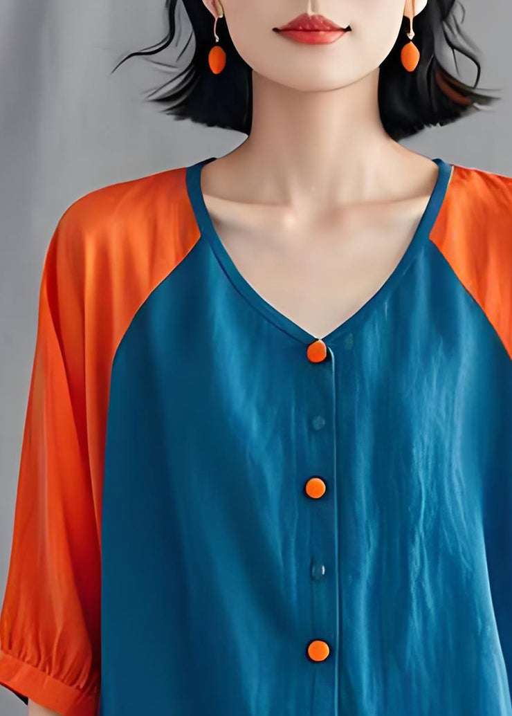 Unique Colorblock V Neck Button Patchwork Cotton Blouses Summer