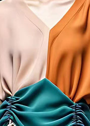 Unique Colorblock V Neck Drawstring Chiffon Top Short Sleeve