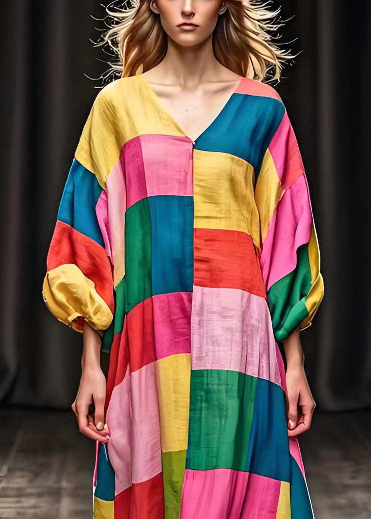 Unique Colorblock V Neck Patchwork Cotton Dress Lantern Sleeve