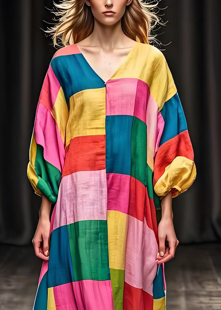 Unique Colorblock V Neck Patchwork Cotton Dress Lantern Sleeve