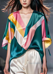 Unique Colorblock V Neck Patchwork Silk Blouses Summer