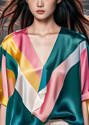 Unique Colorblock V Neck Patchwork Silk Blouses Summer