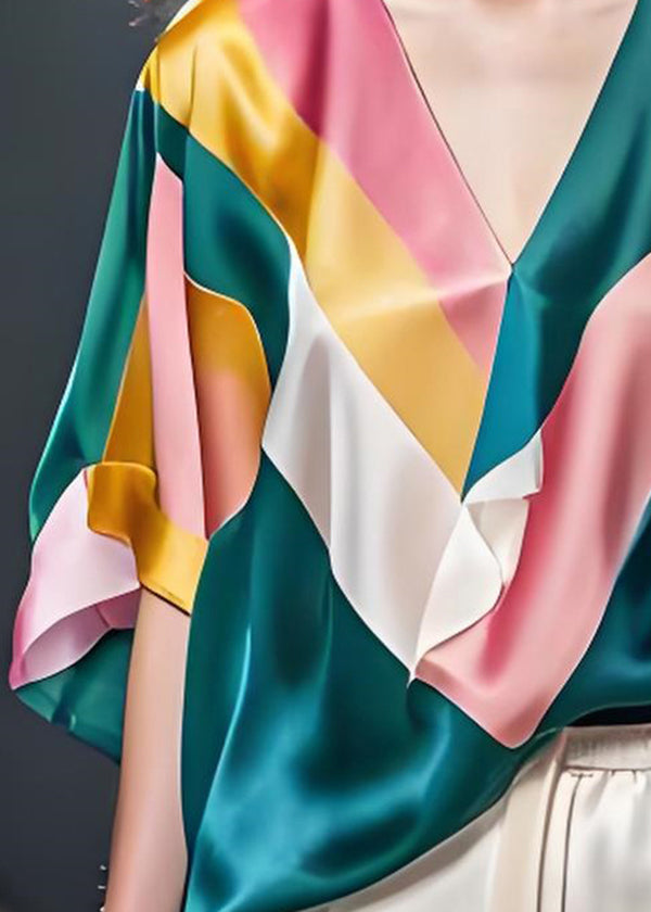 Unique Colorblock V Neck Patchwork Silk Blouses Summer