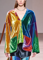 Unique Colorblock V Neck Patchwork Silk Velour Top Fall