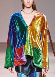 Unique Colorblock V Neck Patchwork Silk Velour Top Spring