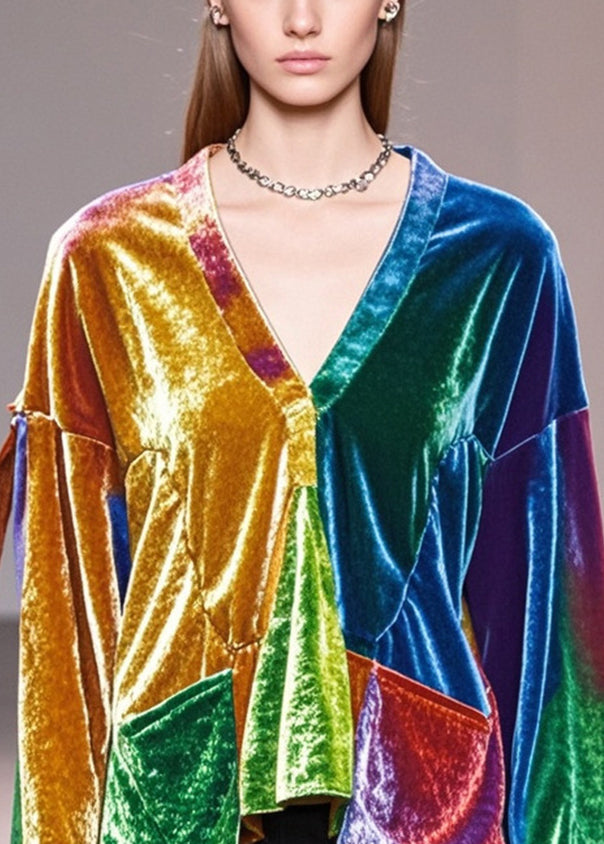 Unique Colorblock V Neck Patchwork Silk Velour Top Spring