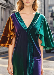 Unique Colorblock V Neck Patchwork Velvet Dresses Butterfly Sleeve