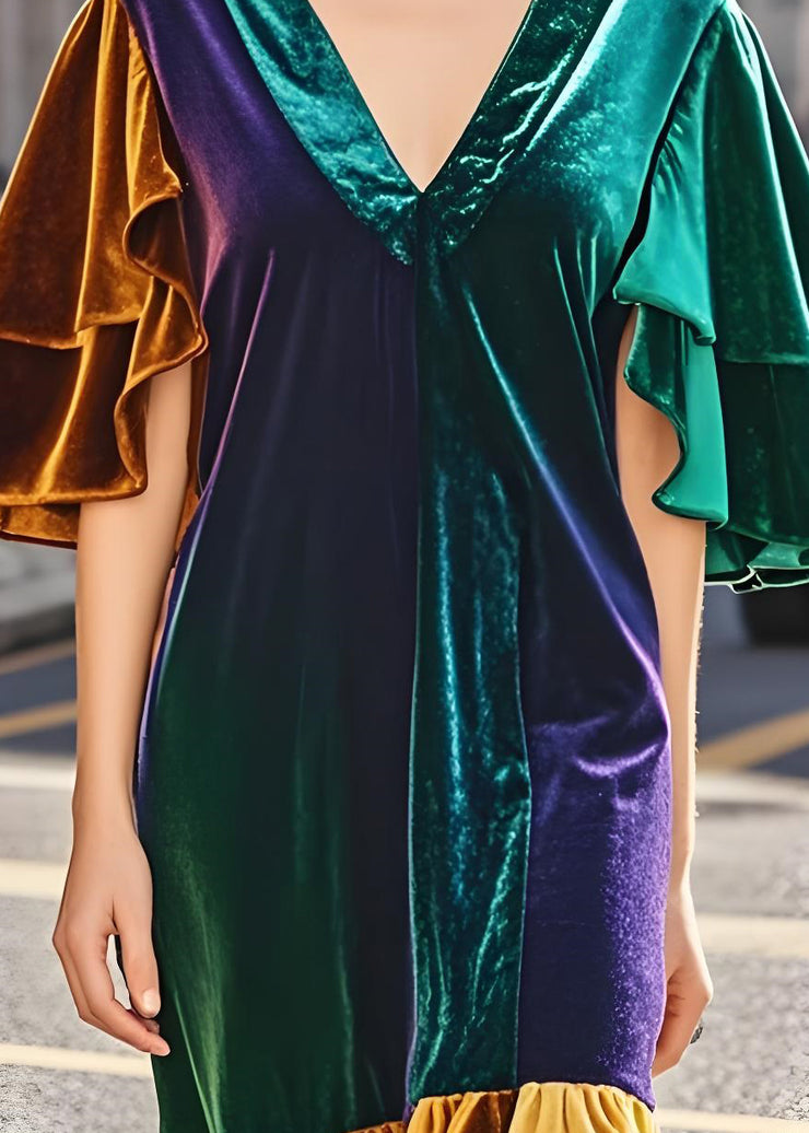 Unique Colorblock V Neck Patchwork Velvet Dresses Butterfly Sleeve