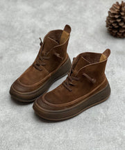 Unique Cross Strap Platform Boots Warm Fleece Chocolate Cowhide Leather