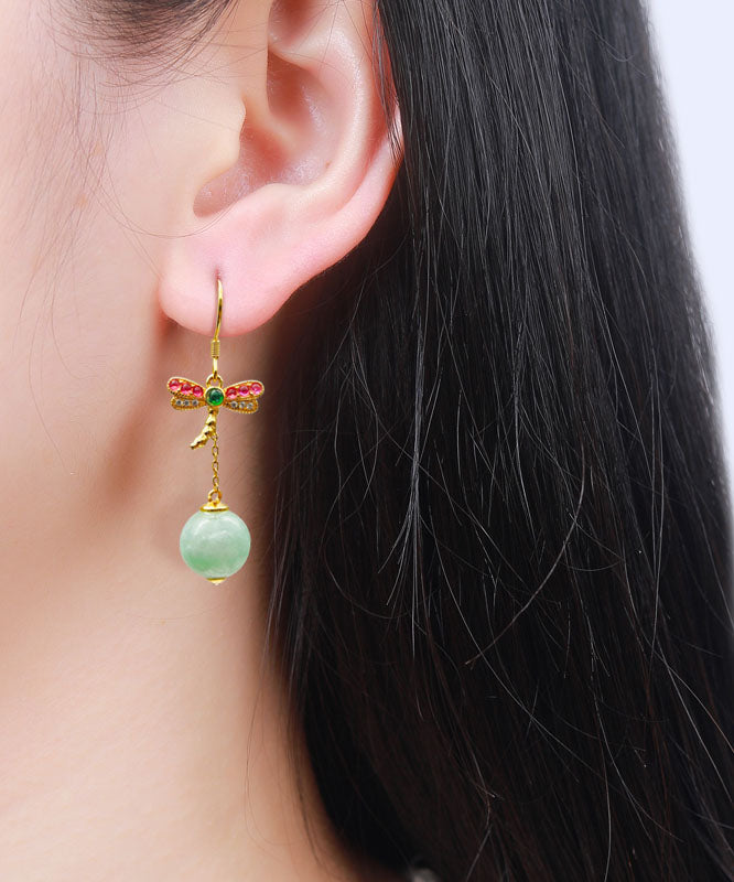 Unique Cyan Sterling Silver Overgild Jade Dragonfly Tassel Drop Earrings