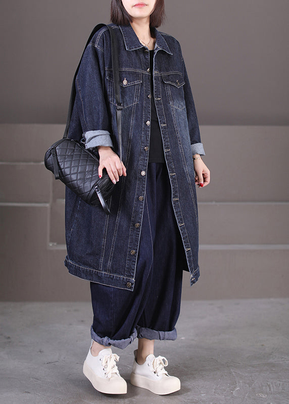 Unique Dark Blue Peter Pan Collar Pockets Patchwork Button Denim Long Trench Coat Fall