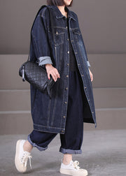 Unique Dark Blue Peter Pan Collar Pockets Patchwork Button Denim Long Trench Coat Fall