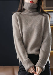 Unique Dark Camel High Neck Thick Cashmere Knit Sweater Tops Winter