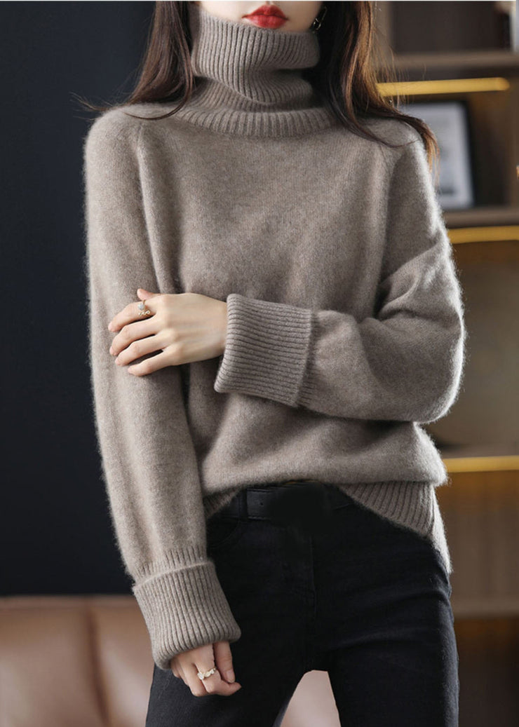 Unique Dark Camel High Neck Thick Cashmere Knit Sweater Tops Winter