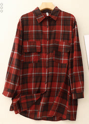 Unique Dark Red Oversized Plaid Linen Shirt Tops Spring