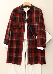 Unique Dark Red Oversized Plaid Linen Shirt Tops Spring