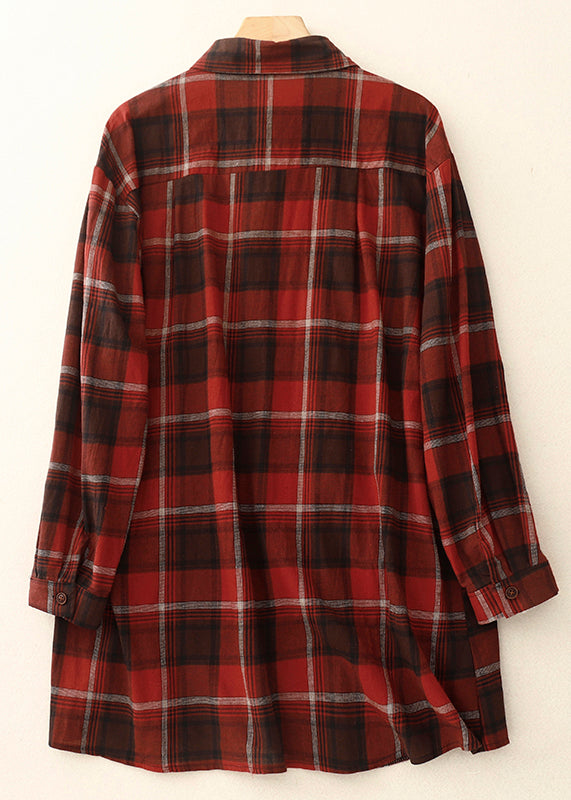 Unique Dark Red Oversized Plaid Linen Shirt Tops Spring