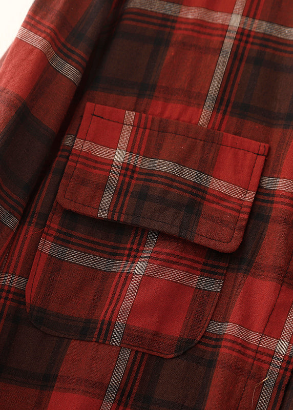 Unique Dark Red Oversized Plaid Linen Shirt Tops Spring