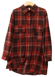 Unique Dark Red Oversized Plaid Linen Shirt Tops Spring