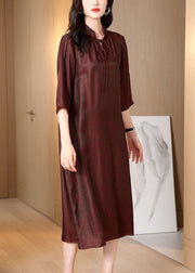 Unique Dark Red Stand Collar Lace Up Pockets Silk Long Dress Bracelet Sleeve